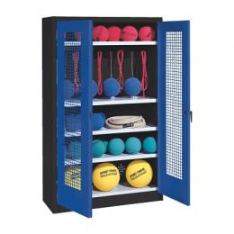 C+P Sportgeräteschrank mit Lochblech-Flügeltüren (Typ 2), HxBxT 195x120x50 cm, Enzianblau (RAL 5010), Ergo-Lock Muldengriff, Anthrazit (RAL 7021), Einzelschließung