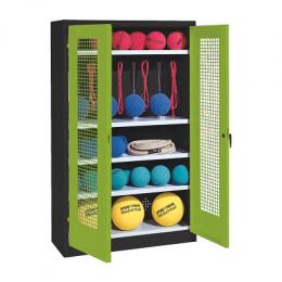 C+P Sportgeräteschrank mit Lochblech-Flügeltüren (Typ 2), HxBxT 195x120x50 cm, Ergo-Lock Muldengriff, Clowngrün (RAL 110 80 60), Anthrazit (RAL 7021), Gleichschließung