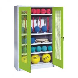 C+P Sportgeräteschrank mit Lochblech-Flügeltüren (Typ 2), HxBxT 195x120x50 cm, Ergo-Lock Muldengriff, Clowngrün (RAL 110 80 60), Lichtgrau (RAL 7035), Einzelschließung