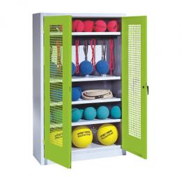 C+P Sportgeräteschrank mit Lochblech-Flügeltüren (Typ 2), HxBxT 195x120x50 cm, Ergo-Lock Muldengriff, Clowngrün (RAL 110 80 60), Lichtgrau (RAL 7035), Gleichschließung