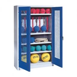 C+P Sportgeräteschrank mit Lochblech-Flügeltüren (Typ 2), HxBxT 195x120x50 cm, Ergo-Lock Muldengriff, Enzianblau (RAL 5010), Lichtgrau (RAL 7035), Einzelschließung