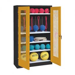 C+P Sportgeräteschrank mit Lochblech-Flügeltüren (Typ 2), HxBxT 195x120x50 cm, Ergo-Lock Muldengriff, Goldgelb (RAL 1004), Anthrazit (RAL 7021), Einzelschließung