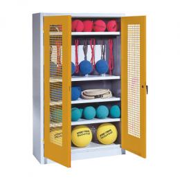 C+P Sportgeräteschrank mit Lochblech-Flügeltüren (Typ 2), HxBxT 195x120x50 cm, Ergo-Lock Muldengriff, Goldgelb (RAL 1004), Lichtgrau (RAL 7035), Einzelschließung