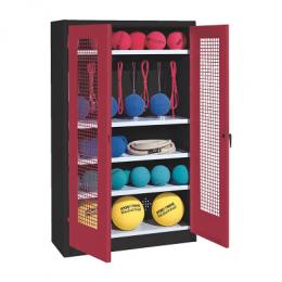 C+P Sportgeräteschrank mit Lochblech-Flügeltüren (Typ 2), HxBxT 195x120x50 cm, Ergo-Lock Muldengriff, Rubinrot (RAL 3003), Anthrazit (RAL 7021), Einzelschließung