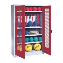 C+P Sportgeräteschrank mit Lochblech-Flügeltüren (Typ 2), HxBxT 195x120x50 cm, Ergo-Lock Muldengriff, Rubinrot (RAL 3003), Lichtgrau (RAL 7035), Einzelschließung