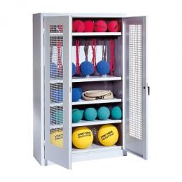 C+P Sportgeräteschrank mit Lochblech-Flügeltüren (Typ 2), HxBxT 195x120x50 cm, Ergo-Lock Muldengriff, Rubinrot (RAL 3003), Lichtgrau (RAL 7035), Gleichschließung