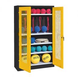 C+P Sportgeräteschrank mit Lochblech-Flügeltüren (Typ 2), HxBxT 195x120x50 cm, Ergo-Lock Muldengriff, Verkehrsgelb (RAL 1023), Anthrazit (RAL 7021), Gleichschließung