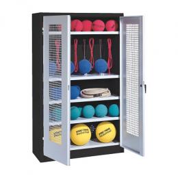 C+P Sportgeräteschrank mit Lochblech-Flügeltüren (Typ 2), HxBxT 195x120x50 cm, Lichtgrau (RAL 7035), Ergo-Lock Muldengriff, Anthrazit (RAL 7021), Einzelschließung