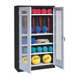 C+P Sportgeräteschrank mit Lochblech-Flügeltüren (Typ 2), HxBxT 195x120x50 cm, Lichtgrau (RAL 7035), Ergo-Lock Muldengriff, Anthrazit (RAL 7021), Gleichschließung