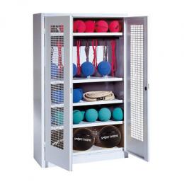 C+P Sportgeräteschrank mit Lochblech-Flügeltüren (Typ 2), HxBxT 195x120x50 cm, Lichtgrau (RAL 7035), Ergo-Lock Muldengriff, Lichtgrau (RAL 7035), Einzelschließung
