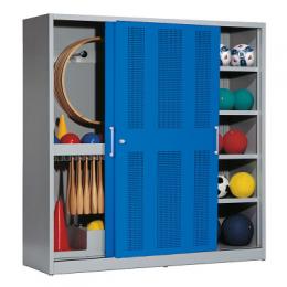 C+P Sportgeräteschrank mit Lochblech-Schiebetüren (Typ 5), HxBxT 195x190x60 cm, Enzianblau (RAL 5010), Einzelschließung