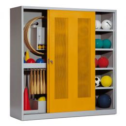 C+P Sportgeräteschrank mit Lochblech-Schiebetüren (Typ 5), HxBxT 195x190x60 cm, Goldgelb (RAL 1004), Gleichschließung