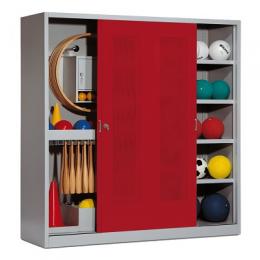 C+P Sportgeräteschrank mit Lochblech-Schiebetüren (Typ 5), HxBxT 195x190x60 cm, Rubinrot (RAL 3003), Lichtgrau (RAL 7035), Einzelschließung