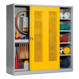 C+P Sportgeräteschrank mit Lochblech-Schiebetüren (Typ 5), HxBxT 195x190x60 cm, Verkehrsgelb (RAL 1023), Anthrazit (RAL 7021), Einzelschließung