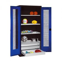 C+P Sportgeräteschrank mit Schubladen und Lochblech-Flügeltüren (Typ 4),  HxBxT 195x120x50 cm, Enzianblau (RAL 5010), Ergo-Lock Muldengriff, Anthrazit (RAL 7021), Gleichschließung