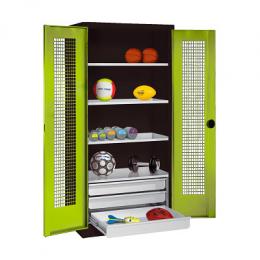 C+P Sportgeräteschrank mit Schubladen und Lochblech-Flügeltüren (Typ 4),  HxBxT 195x120x50 cm, Ergo-Lock Muldengriff, Clowngrün (RAL 110 80 60), Anthrazit (RAL 7021), Gleichschließung