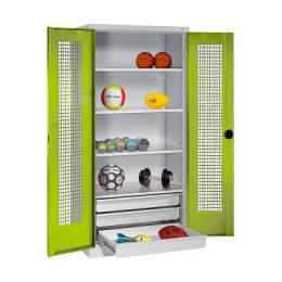 C+P Sportgeräteschrank mit Schubladen und Lochblech-Flügeltüren (Typ 4),  HxBxT 195x120x50 cm, Ergo-Lock Muldengriff, Clowngrün (RAL 110 80 60), Lichtgrau (RAL 7035), Einzelschließung