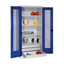 C+P Sportgeräteschrank mit Schubladen und Lochblech-Flügeltüren (Typ 4),  HxBxT 195x120x50 cm, Ergo-Lock Muldengriff, Enzianblau (RAL 5010), Lichtgrau (RAL 7035), Gleichschließung