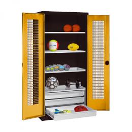 C+P Sportgeräteschrank mit Schubladen und Lochblech-Flügeltüren (Typ 4),  HxBxT 195x120x50 cm, Ergo-Lock Muldengriff, Goldgelb (RAL 1004), Anthrazit (RAL 7021), Gleichschließung