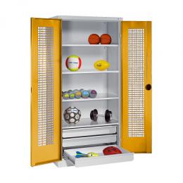 C+P Sportgeräteschrank mit Schubladen und Lochblech-Flügeltüren (Typ 4),  HxBxT 195x120x50 cm, Ergo-Lock Muldengriff, Goldgelb (RAL 1004), Lichtgrau (RAL 7035), Gleichschließung