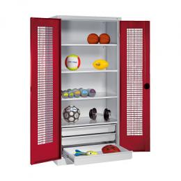 C+P Sportgeräteschrank mit Schubladen und Lochblech-Flügeltüren (Typ 4),  HxBxT 195x120x50 cm, Ergo-Lock Muldengriff, Rubinrot (RAL 3003), Lichtgrau (RAL 7035), Einzelschließung