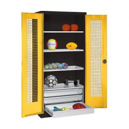 C+P Sportgeräteschrank mit Schubladen und Lochblech-Flügeltüren (Typ 4),  HxBxT 195x120x50 cm, Ergo-Lock Muldengriff, Verkehrsgelb (RAL 1023), Anthrazit (RAL 7021), Einzelschließung