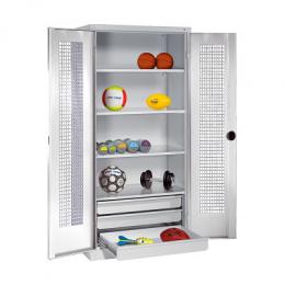 C+P Sportgeräteschrank mit Schubladen und Lochblech-Flügeltüren (Typ 4),  HxBxT 195x120x50 cm, Lichtgrau (RAL 7035), Ergo-Lock Muldengriff, Lichtgrau (RAL 7035), Einzelschließung