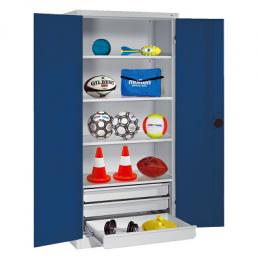 C+P Sportgeräteschrank mit Schubladen und Vollblech-Flügeltüren (Typ 4), HxBxT 195x120x50 cm, Enzianblau (RAL 5010), Ergo-Lock Muldengriff, Anthrazit (RAL 7021), Einzelschließung