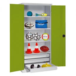 C+P Sportgeräteschrank mit Schubladen und Vollblech-Flügeltüren (Typ 4), HxBxT 195x120x50 cm, Ergo-Lock Muldengriff, Clowngrün (RAL 110 80 60), Anthrazit (RAL 7021), Einzelschließung