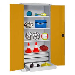 C+P Sportgeräteschrank mit Schubladen und Vollblech-Flügeltüren (Typ 4), HxBxT 195x120x50 cm, Ergo-Lock Muldengriff, Goldgelb (RAL 1004), Anthrazit (RAL 7021), Einzelschließung