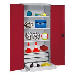 C+P Sportgeräteschrank mit Schubladen und Vollblech-Flügeltüren (Typ 4), HxBxT 195x120x50 cm, Ergo-Lock Muldengriff, Rubinrot (RAL 3003), Anthrazit (RAL 7021), Einzelschließung