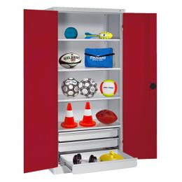 C+P Sportgeräteschrank mit Schubladen und Vollblech-Flügeltüren (Typ 4), HxBxT 195x120x50 cm, Ergo-Lock Muldengriff, Rubinrot (RAL 3003), Lichtgrau (RAL 7035), Gleichschließung
