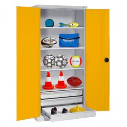 C+P Sportgeräteschrank mit Schubladen und Vollblech-Flügeltüren (Typ 4), HxBxT 195x120x50 cm, Ergo-Lock Muldengriff, Verkehrsgelb (RAL 1023), Anthrazit (RAL 7021), Einzelschließung