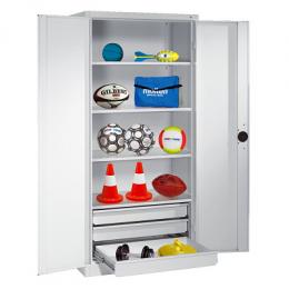 C+P Sportgeräteschrank mit Schubladen und Vollblech-Flügeltüren (Typ 4), HxBxT 195x120x50 cm, Lichtgrau (RAL 7035), Ergo-Lock Muldengriff, Anthrazit (RAL 7021), Einzelschließung