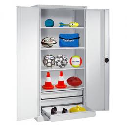 C+P Sportgeräteschrank mit Schubladen und Vollblech-Flügeltüren (Typ 4), HxBxT 195x120x50 cm, Lichtgrau (RAL 7035), Ergo-Lock Muldengriff, Anthrazit (RAL 7021), Gleichschließung
