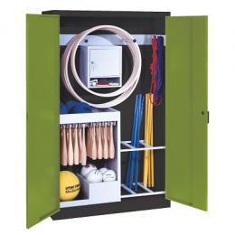 C+P Sportgeräteschrank mit Vollblech-Flügeltüren (Typ 1), HxBxT 195x120x50 cm, Ergo-Lock Muldengriff, Clowngrün (RAL 110 80 60), Anthrazit (RAL 7021), Einzelschließung