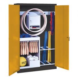 C+P Sportgeräteschrank mit Vollblech-Flügeltüren (Typ 1), HxBxT 195x120x50 cm, Ergo-Lock Muldengriff, Goldgelb (RAL 1004), Anthrazit (RAL 7021), Gleichschließung