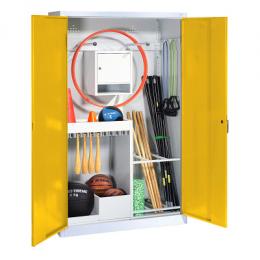 C+P Sportgeräteschrank mit Vollblech-Flügeltüren (Typ 1), HxBxT 195x120x50 cm, Ergo-Lock Muldengriff, Verkehrsgelb (RAL 1023), Anthrazit (RAL 7021), Einzelschließung