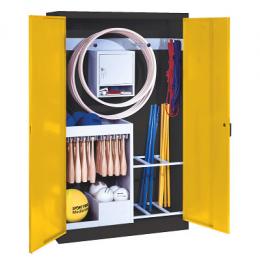 C+P Sportgeräteschrank mit Vollblech-Flügeltüren (Typ 1), HxBxT 195x120x50 cm, Ergo-Lock Muldengriff, Verkehrsgelb (RAL 1023), Anthrazit (RAL 7021), Gleichschließung
