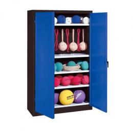 C+P Sportgeräteschrank mit Vollblech-Flügeltüren (Typ 2), HxBxT 195x120x50 cm, Enzianblau (RAL 5010), Ergo-Lock Muldengriff, Anthrazit (RAL 7021), Einzelschließung