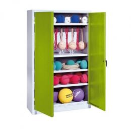 C+P Sportgeräteschrank mit Vollblech-Flügeltüren (Typ 2), HxBxT 195x120x50 cm, Ergo-Lock Muldengriff, Clowngrün (RAL 110 80 60), Lichtgrau (RAL 7035), Gleichschließung