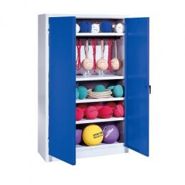 C+P Sportgeräteschrank mit Vollblech-Flügeltüren (Typ 2), HxBxT 195x120x50 cm, Ergo-Lock Muldengriff, Enzianblau (RAL 5010), Lichtgrau (RAL 7035), Gleichschließung