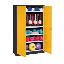 C+P Sportgeräteschrank mit Vollblech-Flügeltüren (Typ 2), HxBxT 195x120x50 cm, Ergo-Lock Muldengriff, Goldgelb (RAL 1004), Anthrazit (RAL 7021), Einzelschließung