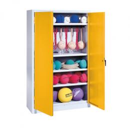 C+P Sportgeräteschrank mit Vollblech-Flügeltüren (Typ 2), HxBxT 195x120x50 cm, Ergo-Lock Muldengriff, Goldgelb (RAL 1004), Lichtgrau (RAL 7035), Gleichschließung