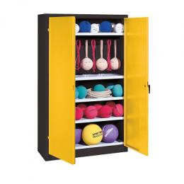 C+P Sportgeräteschrank mit Vollblech-Flügeltüren (Typ 2), HxBxT 195x120x50 cm, Ergo-Lock Muldengriff, Verkehrsgelb (RAL 1023), Anthrazit (RAL 7021), Einzelschließung