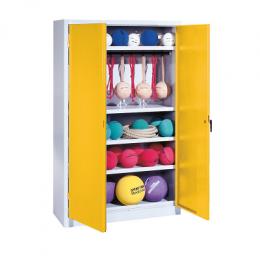 C+P Sportgeräteschrank mit Vollblech-Flügeltüren (Typ 2), HxBxT 195x120x50 cm, Ergo-Lock Muldengriff, Verkehrsgelb (RAL 1023), Lichtgrau (RAL 7035), Einzelschließung