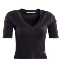 Damen T-Shirt - Woven Label Rib V Neck - Black