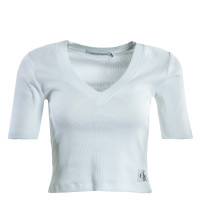 Damen T-Shirt - Woven Label Rib V Neck - White