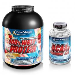 IronMaxx 100% Whey Protein 2350g Himbeere + BCAAs + Glutamine 130 Kapseln