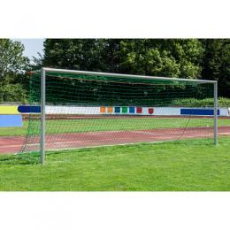 Sport-Thieme Großfeld-Fußballtor in Bodenhülsen stehend, mit SimplyFix Netzbefestigung, weiß, Silber